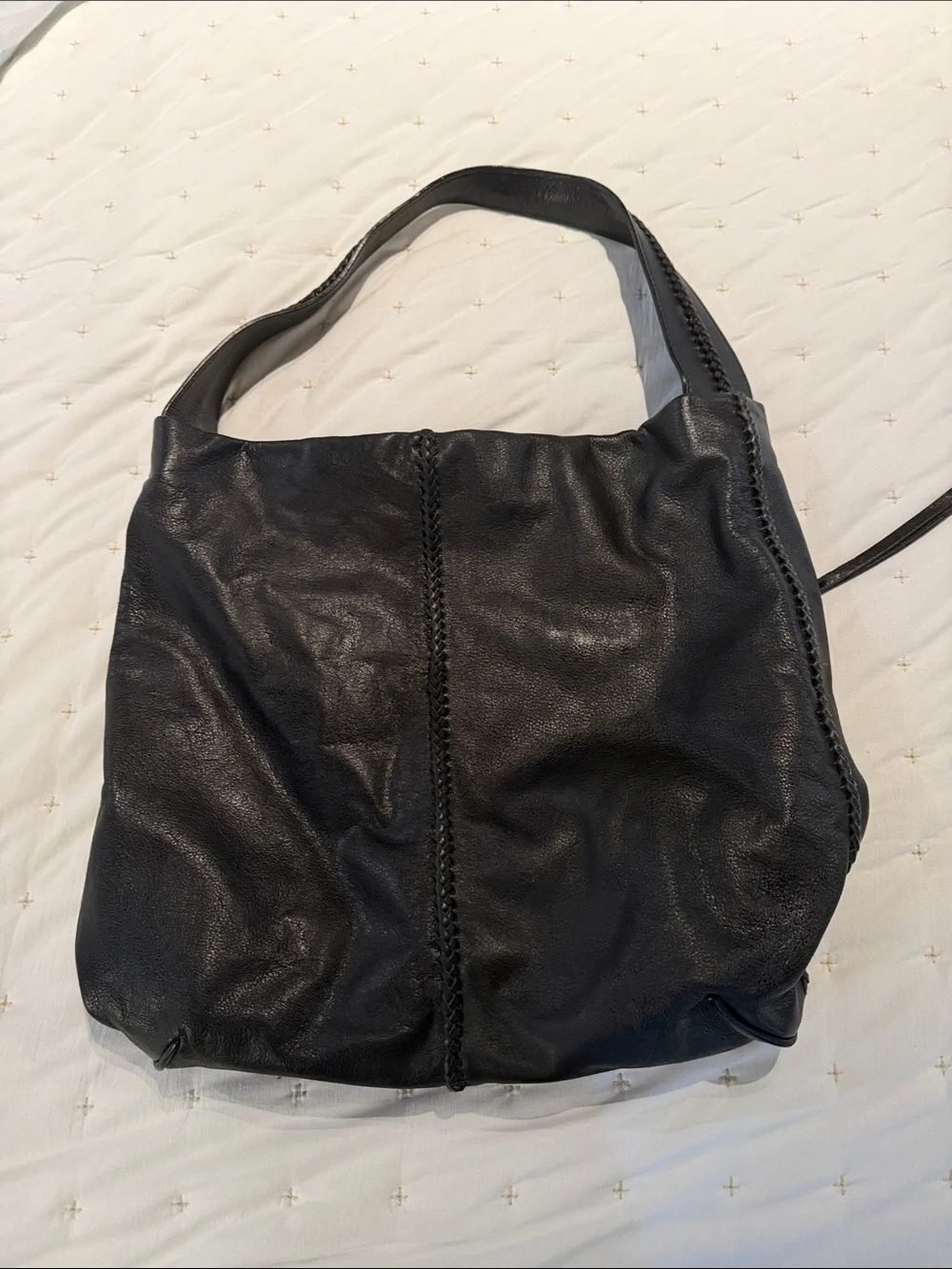 Black Leather Hobo Bag with Braided Detail